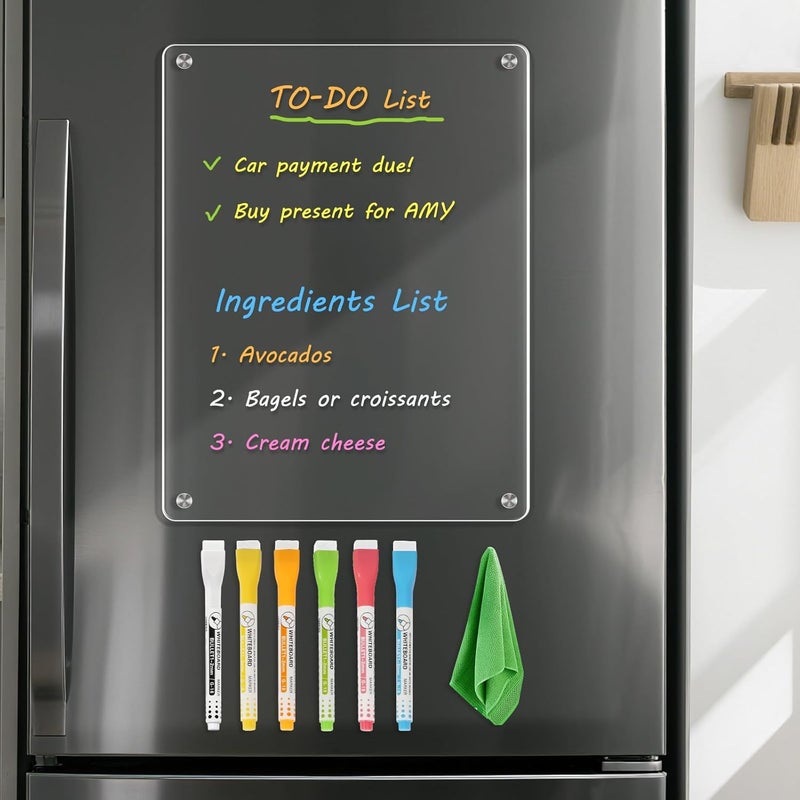 WALGLASS Fridge Acrylic Board, 11"x8" Clear Magnetic Planning Board, Dry Erase Board for Refrigerator, Fridge Planner, 6 Liquid Markers - Image 1